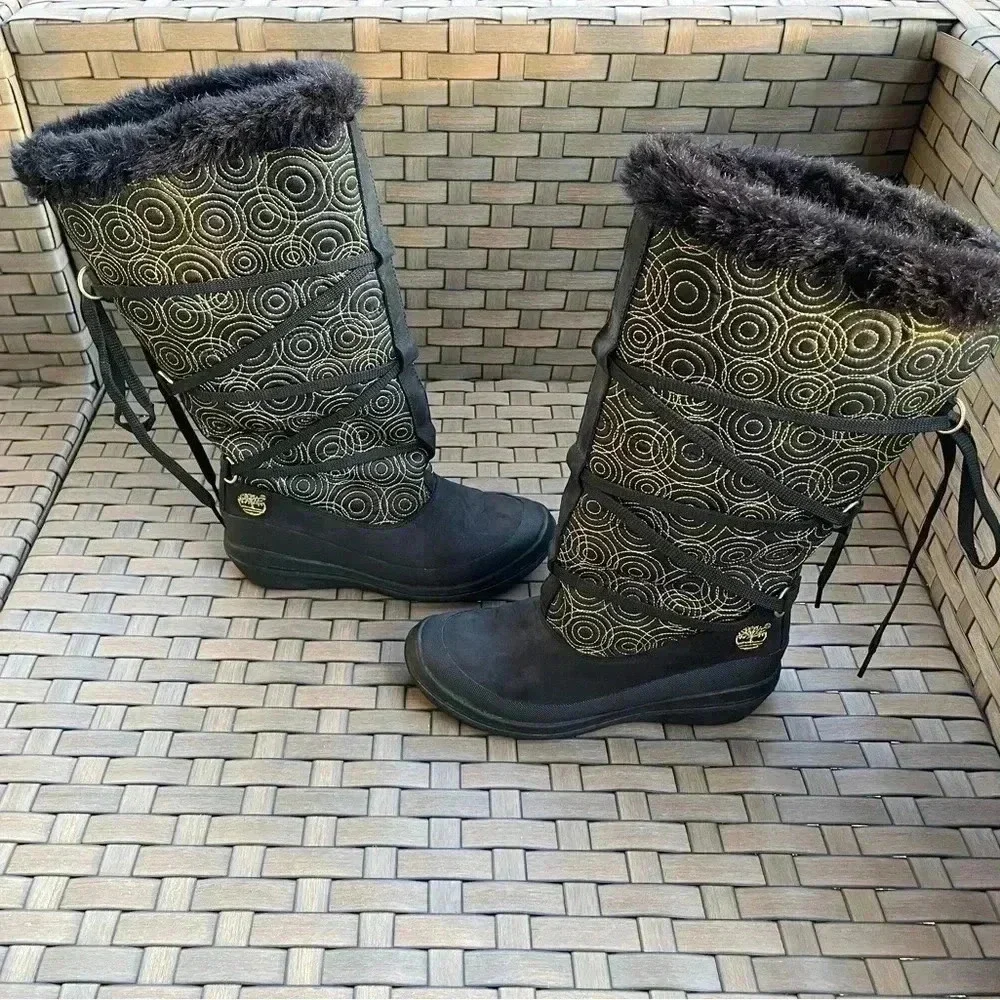 Timberland Women’s Black Waterproof‎ Leather & Gold Tall Fur Winter Boot Size 6